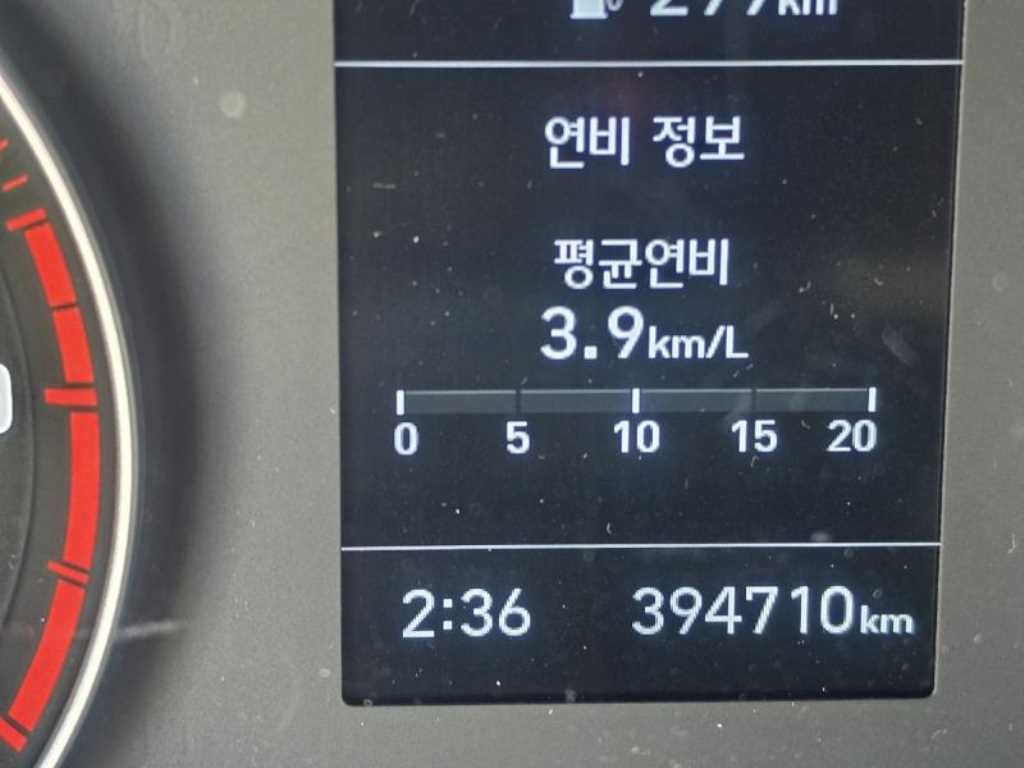 현대 마이티 3.5톤 윙바디 2021년식 계기판 394,710km·평균연비 3.9km/L