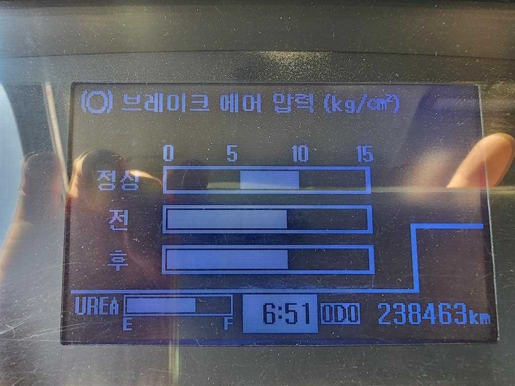 현대 메가트럭 5톤 살수차 2016년식 계기판 ODO 238,463km · 에어 압력 · 요소수